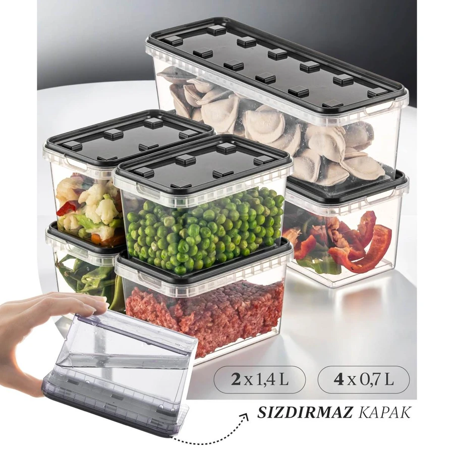 Vienev 6'lı Block Buzdolabı Ve Derin Dondurucu Sızdırmaz Saklama Kabı Şeffaf Antrasit 2x(1,4 Lt)-4x(0,7 Lt)