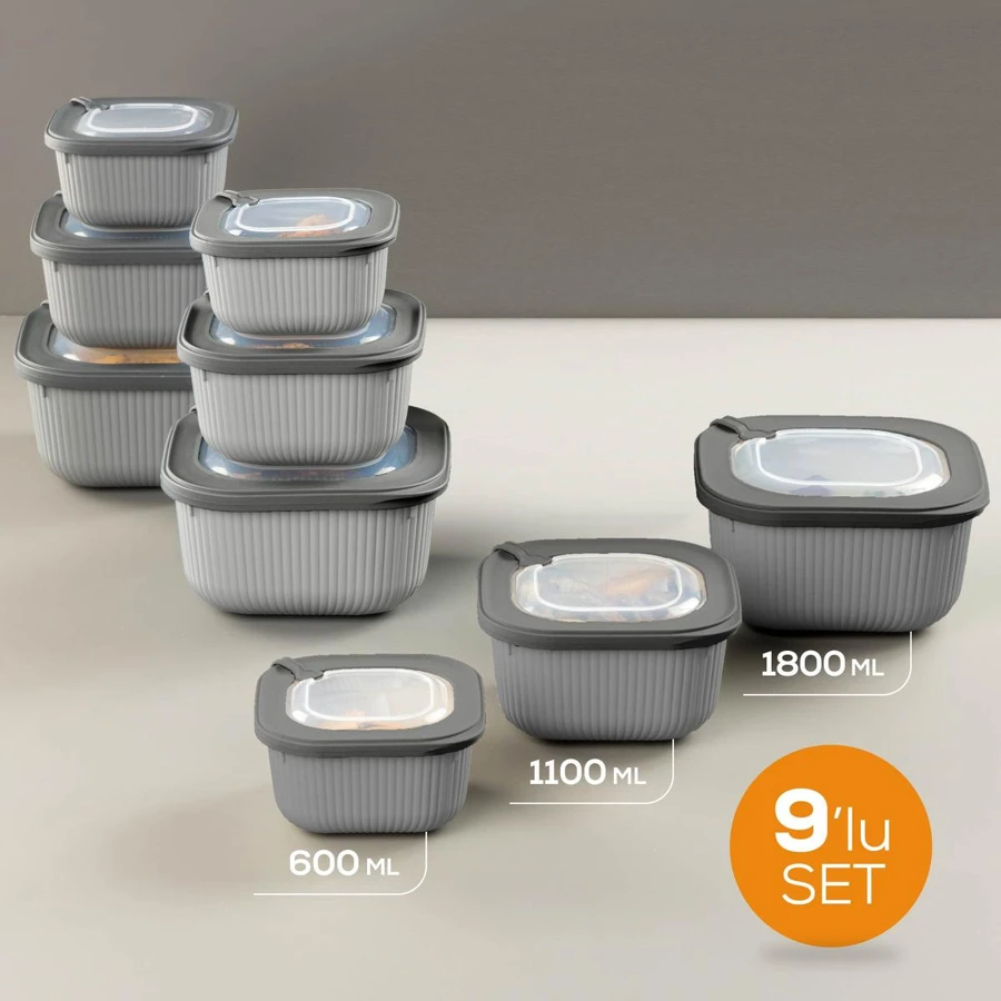 Vienev 9'lu 3x(600-1100-1800 Ml) Mikrodalga Ve Difrize Uygun Vip Kapaklı Özel Saklama Kabı Seti Antrasit