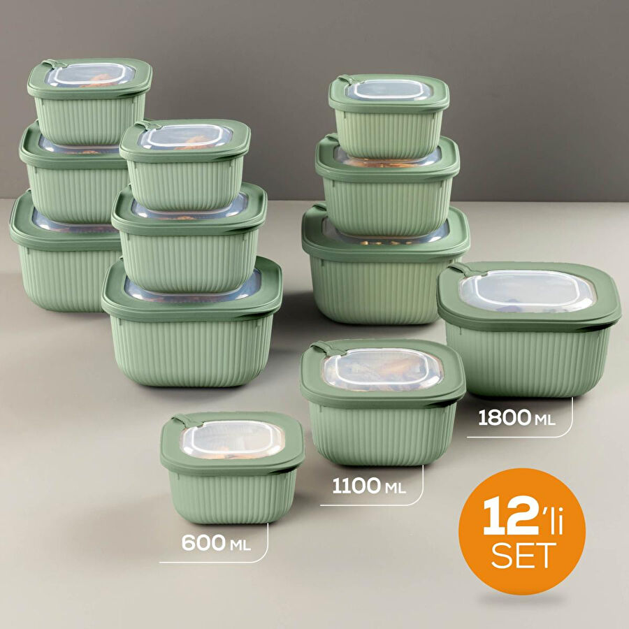 Vienev 12'li 4x(600-1100-1800 Ml) Mikrodalga Ve Difrize Uygun Vip Kapaklı Özel Saklama Kabı Seti Yeşil