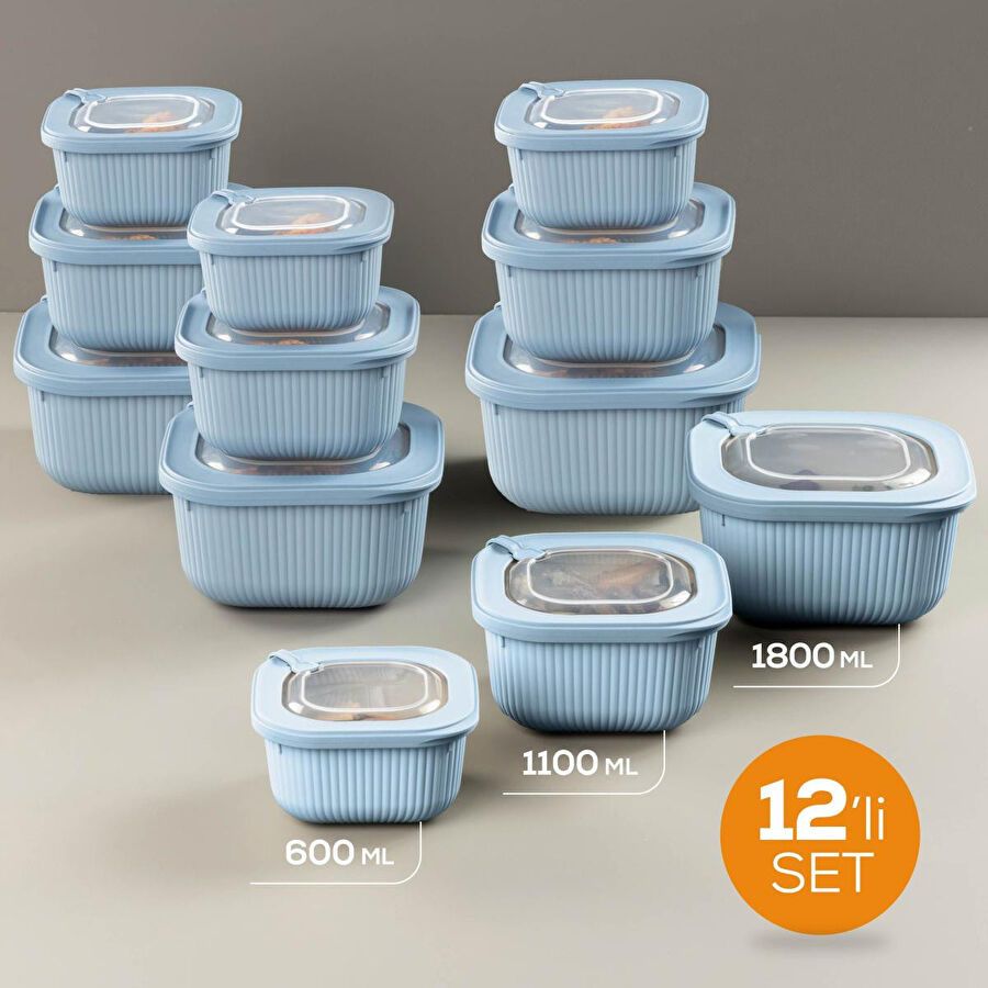 Vienev 12'li 4x(600-1100-1800 Ml) Mikrodalga Ve Difrize Uygun Vip Kapaklı Özel Saklama Kabı Seti Mavi