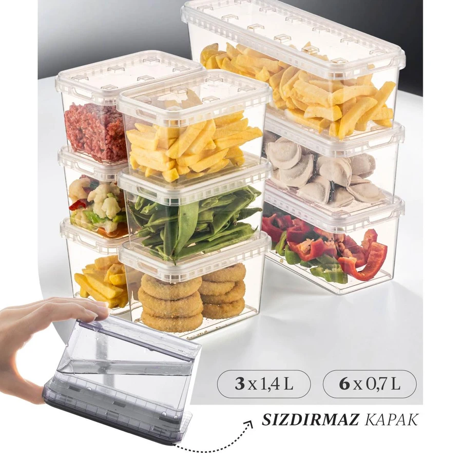 Vienev 9'lu Block Buzdolabı Ve Derin Dondurucu Sızdırmaz Saklama Kabı Şeffaf 3x(1,4 Lt)-6x(0,7 Lt)
