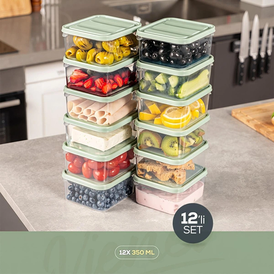 Vienev 12'li 350 Ml Buzdolabı Dondurucu Organizer Mikrodalga Ve Difrize Uygun Saklama Kabı Mint