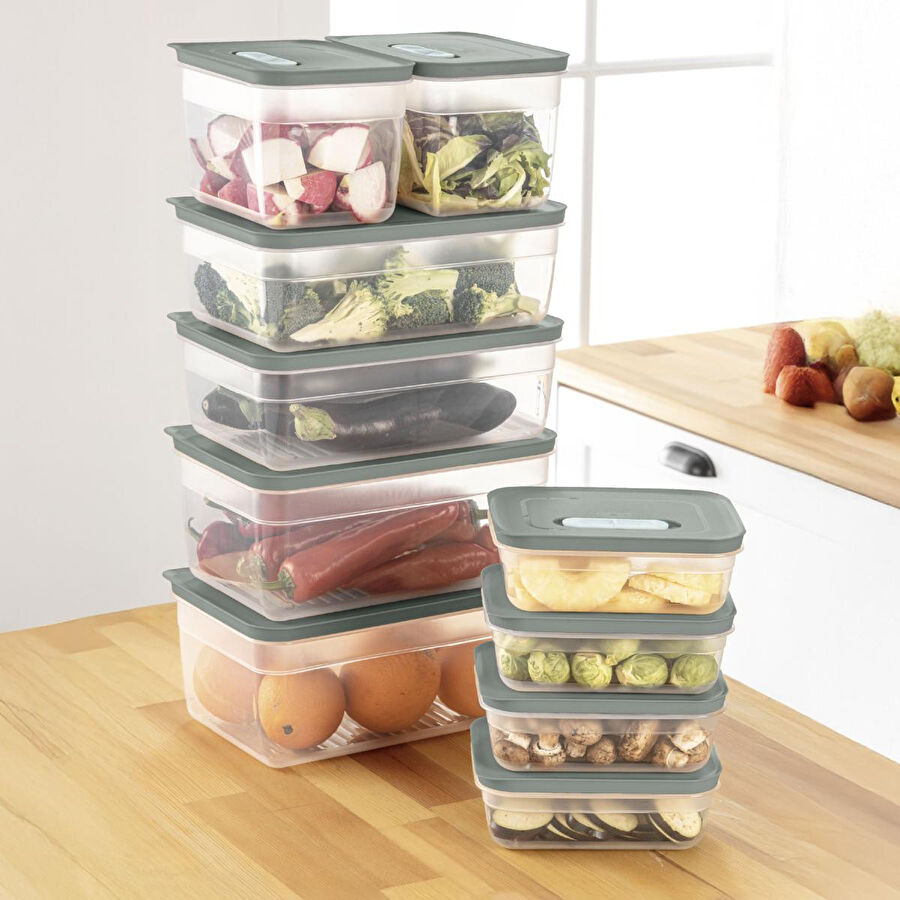 Vienev 10'lu Hava Kanallı Ayarlanabilir Sebze Ve Meyve Saklama Kabı 4x(1,15 Lt) 2x(2,35-3,8-5 lt) yeşil