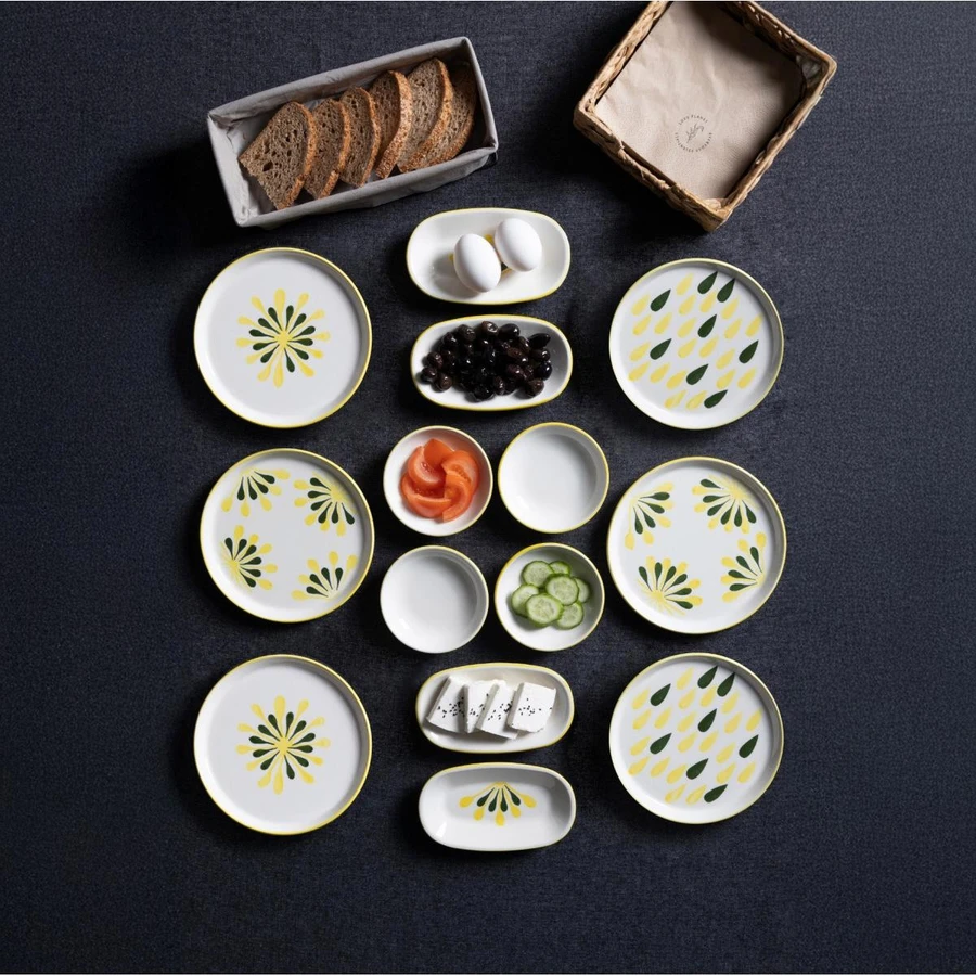 Vienev 14 Parça 6 Kişilik Handmade Yeşil Nokta Kahvaltı Takımı - Lüx Kahvaltılık Sunum Seti