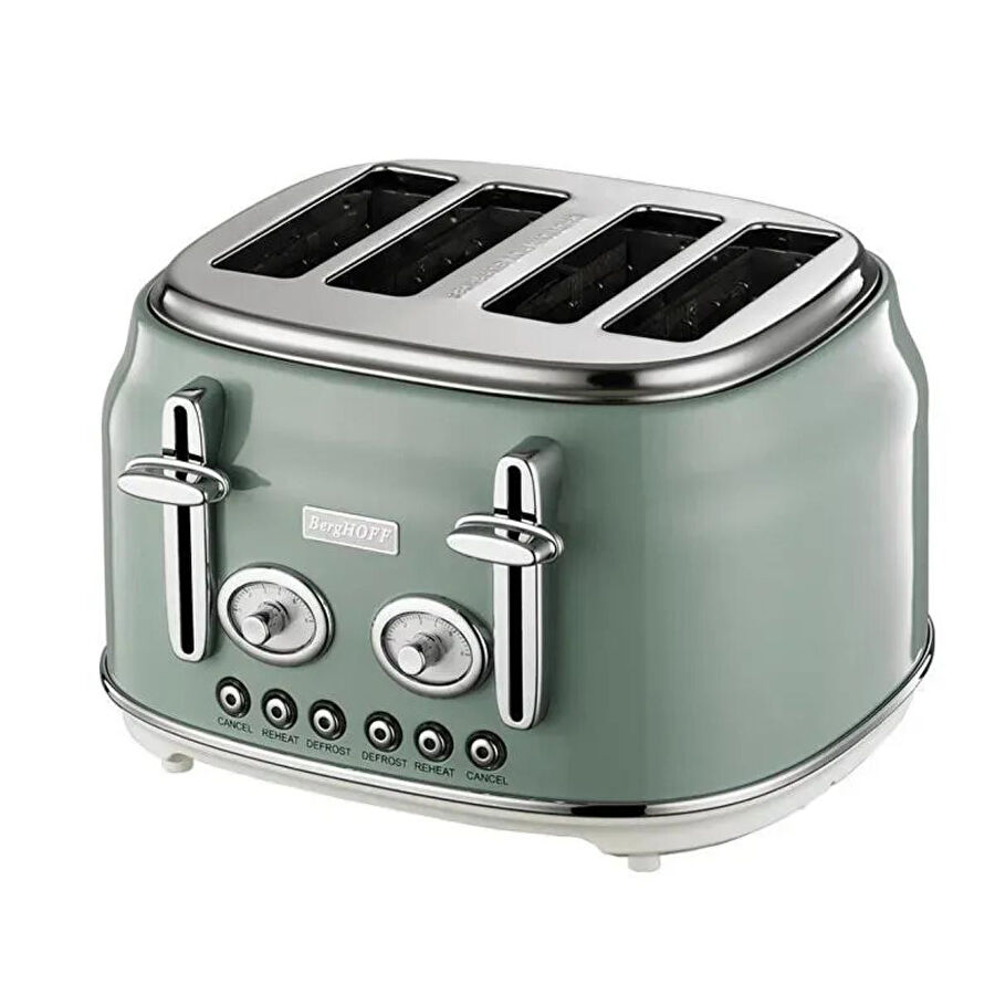 Berghoff Gem Retro 4 Dilim Ekmek Kızartma Makinesi – 1750 W, Paslanmaz Çelik Gövde | Mint Yeşil