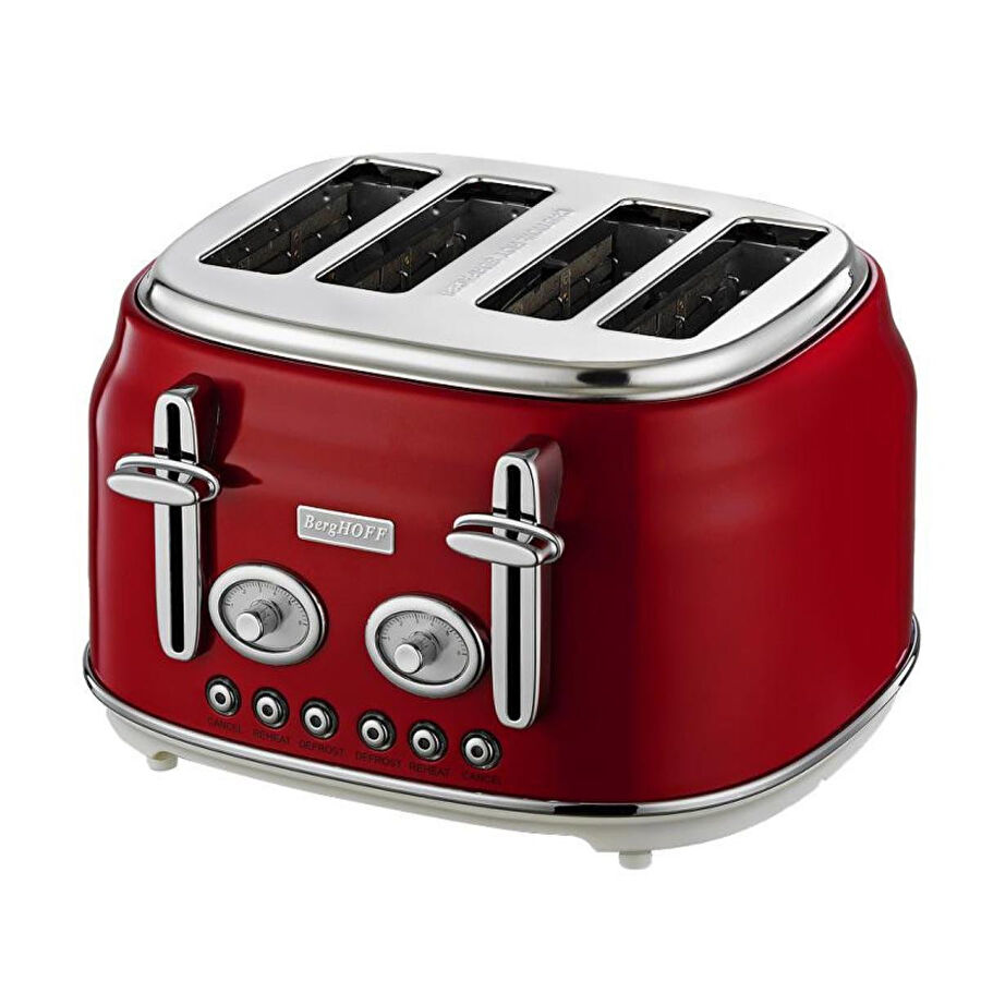 Berghoff Gem Retro 4 Dilim Ekmek Kızartma Makinesi – 1750 W, Paslanmaz Çelik Gövde | Kırmızı
