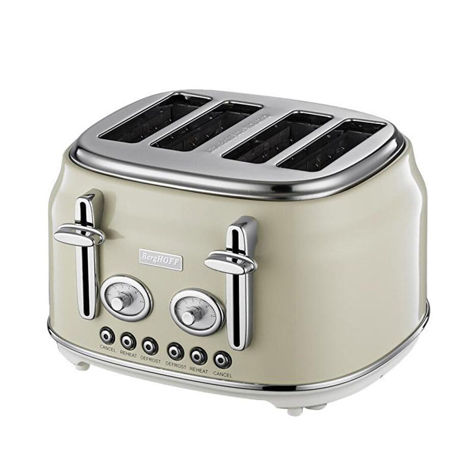 Berghoff Gem Retro 4 Dilim Ekmek Kızartma Makinesi – 1750 W, Paslanmaz Çelik Gövde | Vanilya Krem