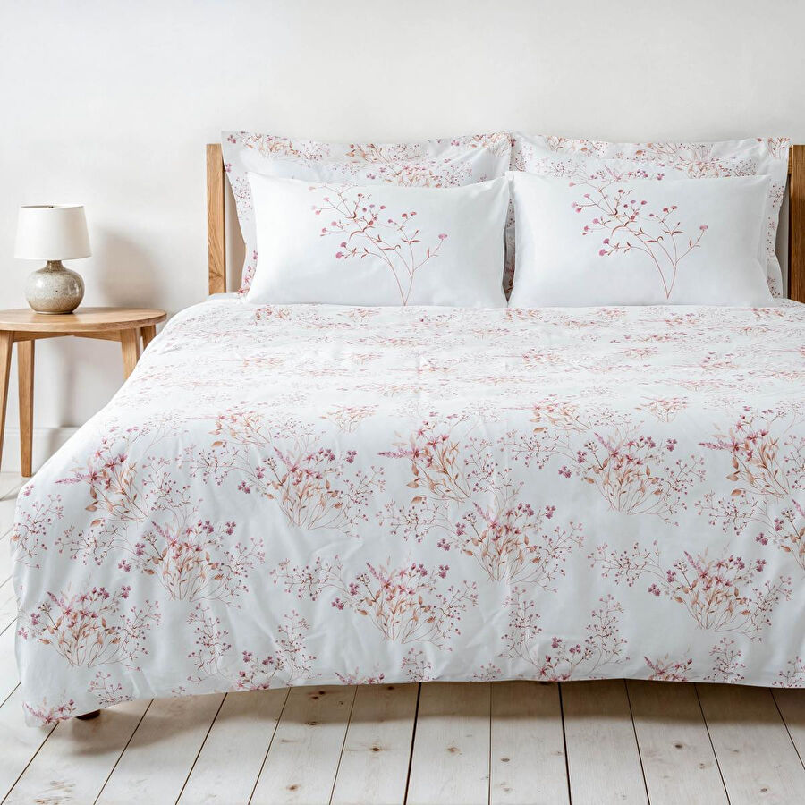 Green Black Lavena Çift Kişilik Nevresim Takımı %100 Pamuk 210 Tc 83 Tel Saten Digital Baskılı Krem-pembe