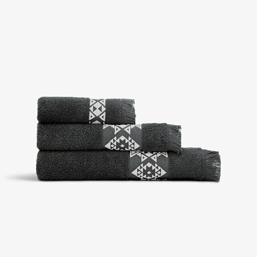 Green Black Hereke 3'lü Havlu Seti Krem Bordürlü Antrasit