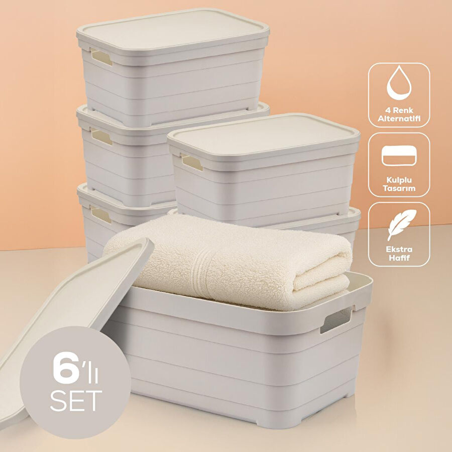 Vienev 6'lı Kapaklı 10,8 Litre Saklama Kutusu Bej