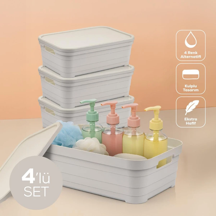 Vienev 4'lü Kapaklı 8,2 Litre Saklama Kutusu Bej