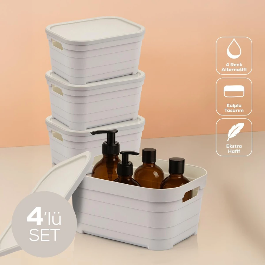 Vienev 4'lü Kapaklı 3,8 Litre Saklama Kutusu Bej