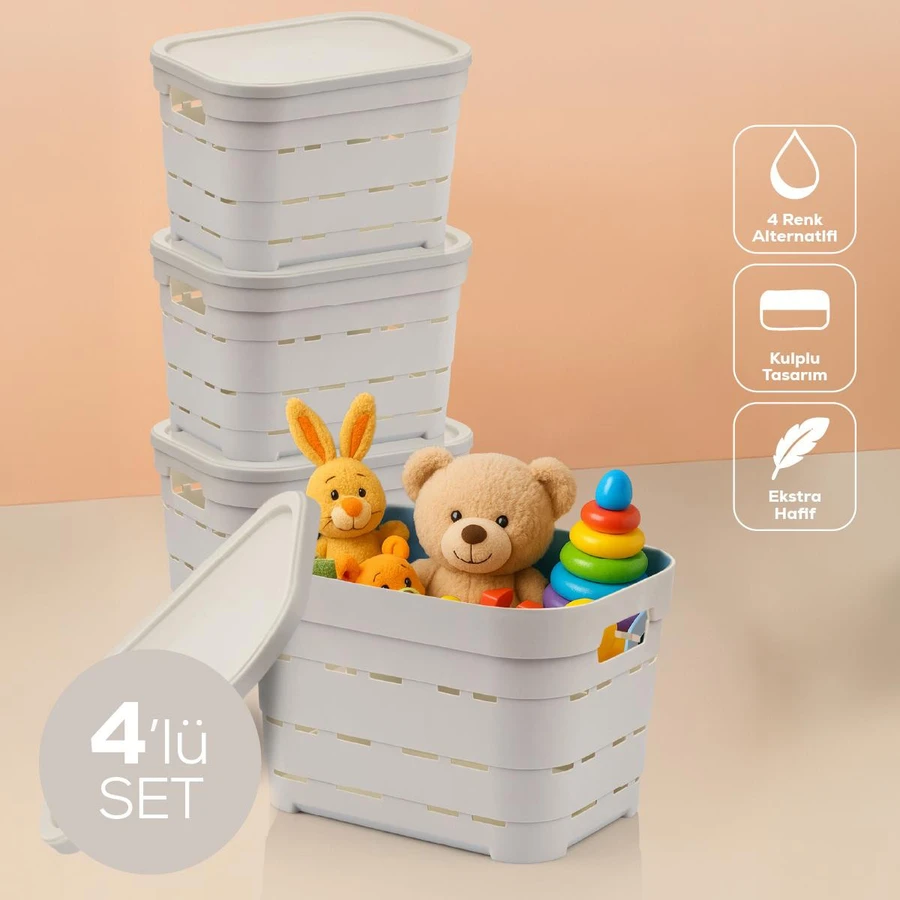 Vienev 4'lü Kapaklı 5 Litre Delikli Saklama Kutusu Bej