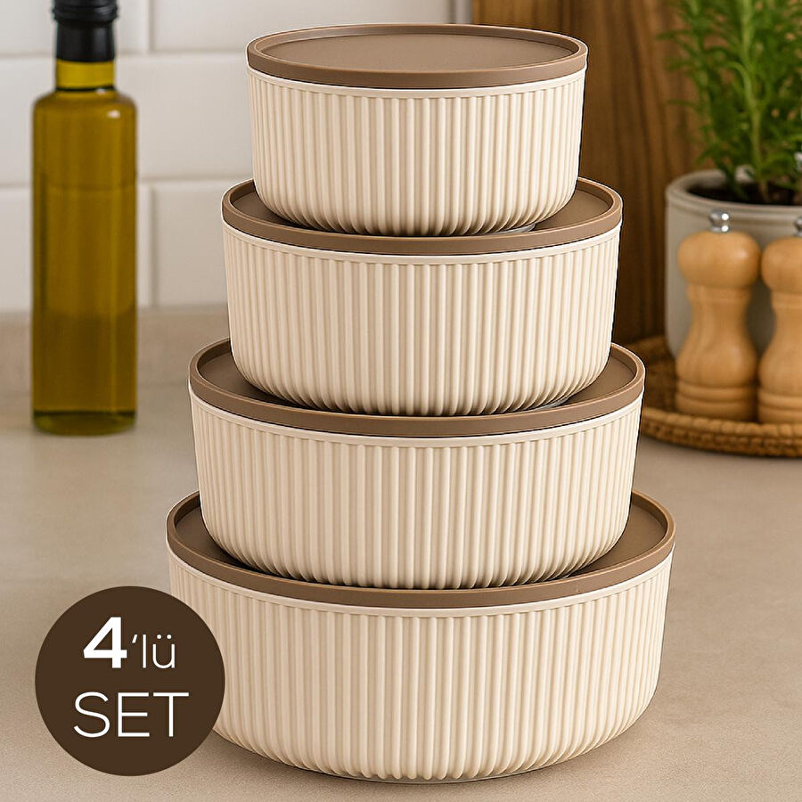Vienev 4'lü Yuvarlak Saklama Kabı Seti Bej | 2.5l 1.5l 0.80l 0.45l | Mikrodalga Ve Dondurucu Uyumlu