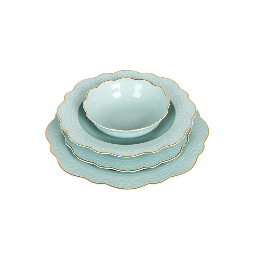 Lucky Art Laurance Mi̇nt Yeşi̇l Renkli̇ New Bone Chi̇na Yemek Takimi 24 Parça