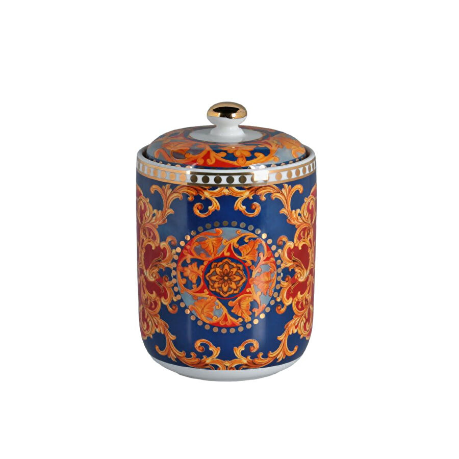 Lucky Art Clarissa Bone China Porselen Mavi Beyaz Naturel Barok Desenli Kapaklı Kavanoz 16 Cm