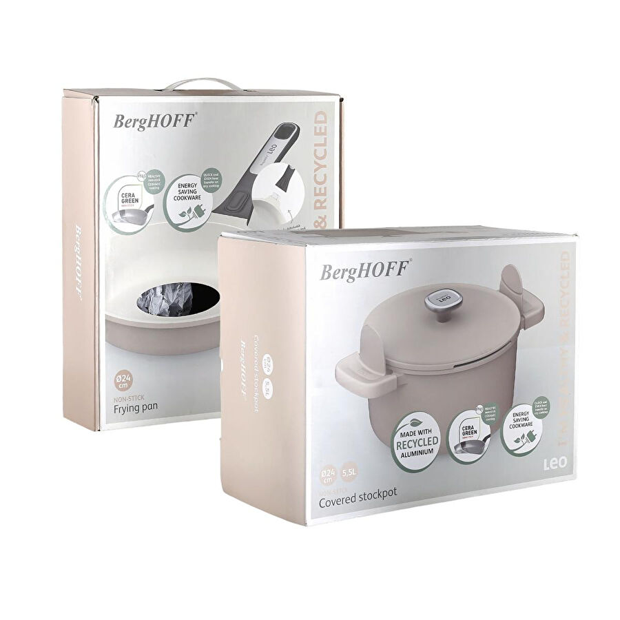Berghoff Leo Phantom Kapakli Yapişmaz Deri̇n Tencere 24 Cm + Kizartma Tavasi 24 Cm Latte