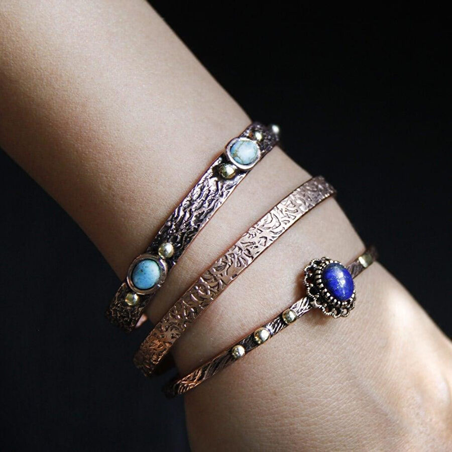 Coho Objet Coho Tılsım Turkuaz & Lapis Lazuli Taşlı & Motifli El İşleme Bakır Bileklik Seti