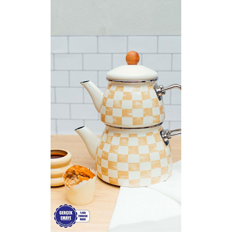 Emaylab Beige Dama Desenli Emaye Çaydanlık (tüm Ocaklara Uygun)
