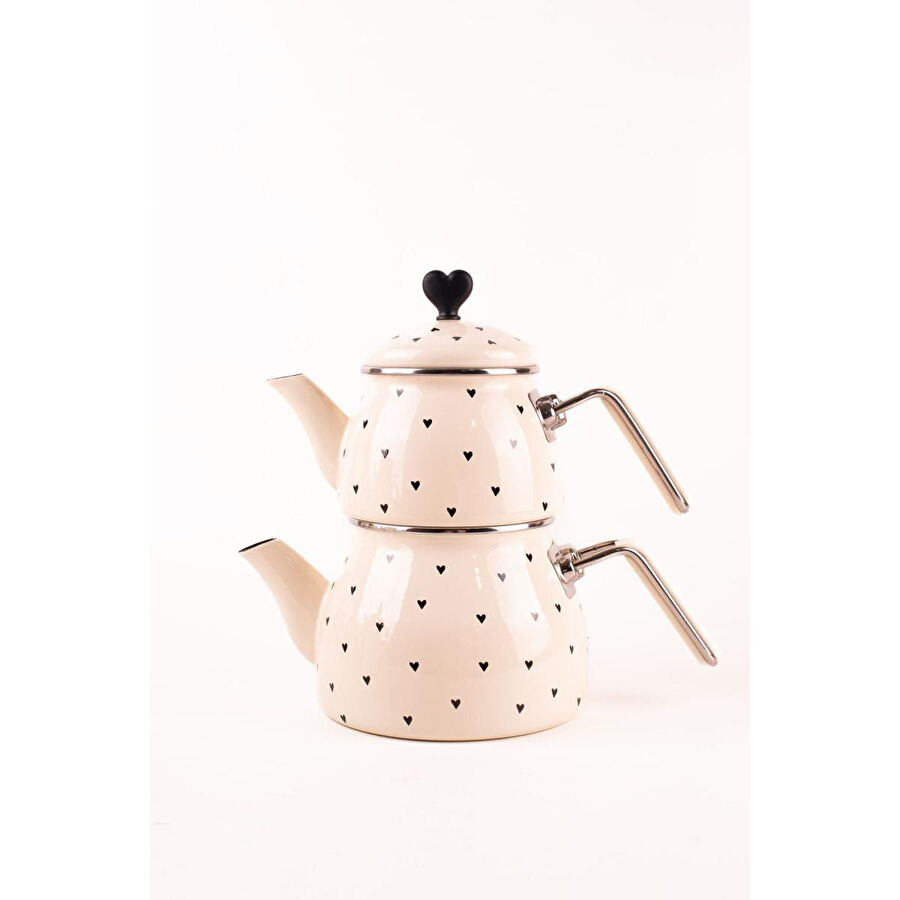 Emaylab Black Cupid Kalp Desenli Emaye Çaydanlık Takımı (özel Zamak Tepeli)