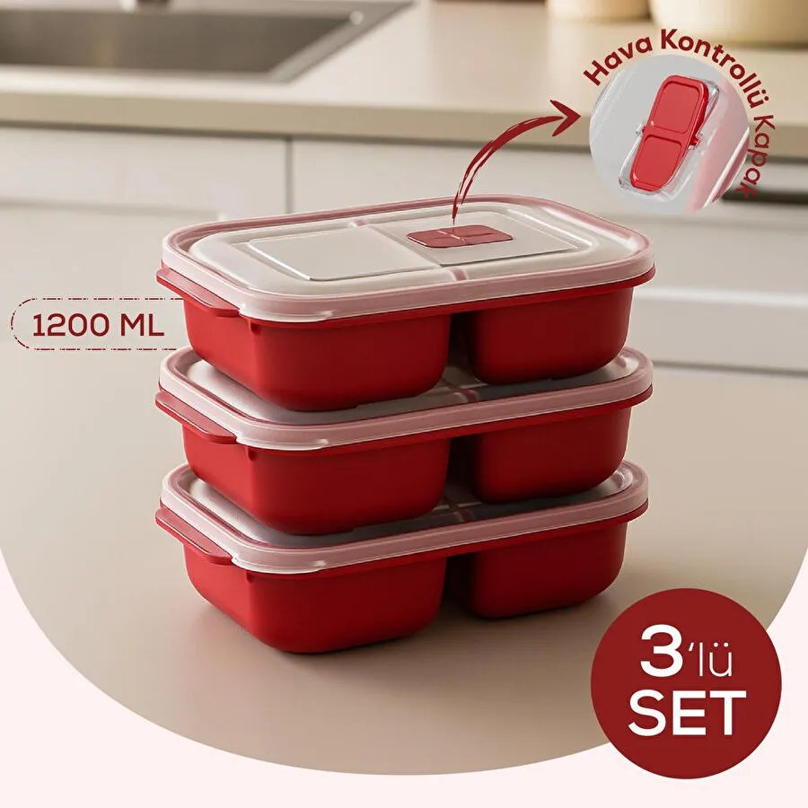 Vienev Kapaklı 3’lü Mikrodalgaya Uygun Bölmeli Dikdörtgen Saklama Kabı Seti - 1200 Ml