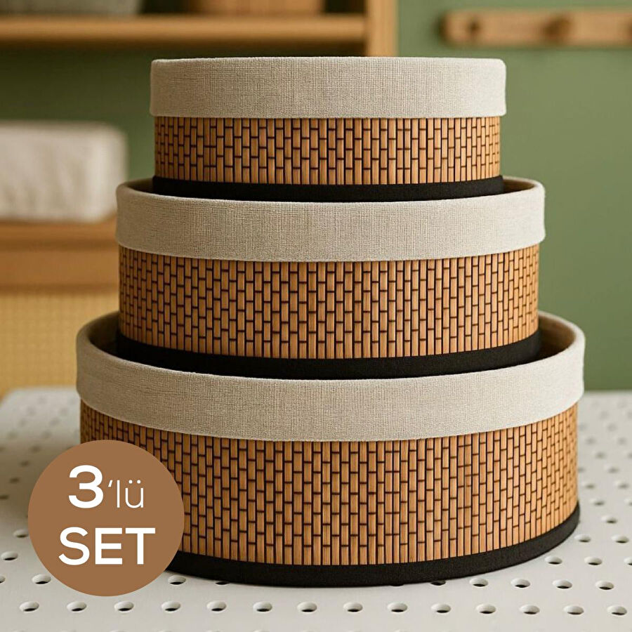 Vienev Bambu Hasır Yuvarlak 3'lü Organizer Sepet Seti - Çok Amaçlı Düzenleyici