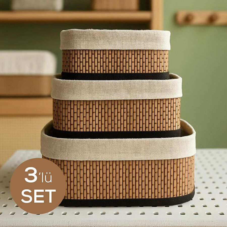 Vienev Bambu Hasır Dikdörtgen 3'lü Organizer Sepet Seti - Çok Amaçlı Düzenleyici