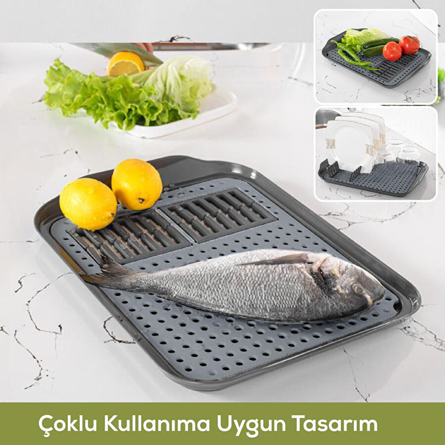 Vienev Çok Amaçlı Su Süzgeçli Kurutma Tepsisi | Sebze, Balık Ve Bulaşık İçin Pratik Kullanım Antrasit