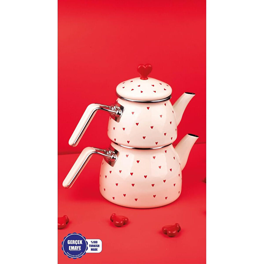Emaylab Cupid Kalp Desenli Emaye Çaydanlık Takımı (özel Zamak Tepeli)