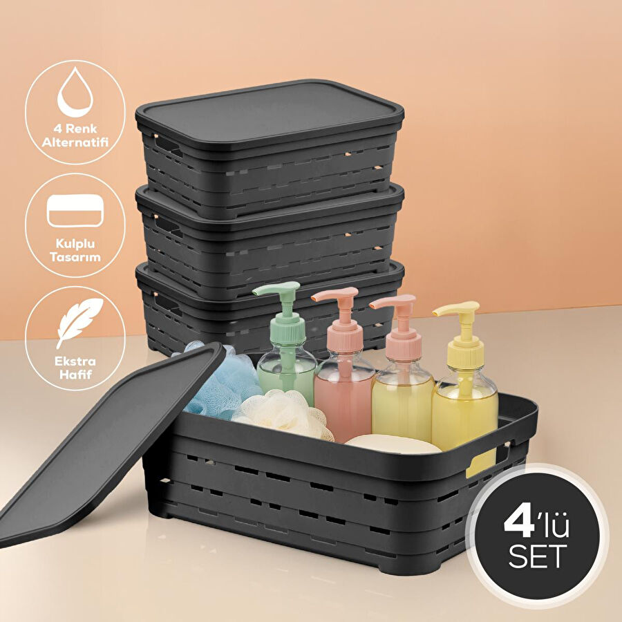 Vienev 4'lü Kapaklı 8,2 Litre Delikli Saklama Kutusu Antrasit