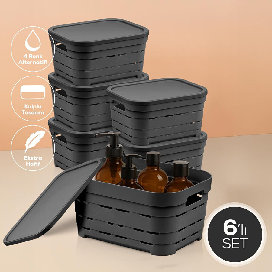 Vienev 6'lı Kapaklı 3,8 Litre Delikli Saklama Kutusu Antrasit