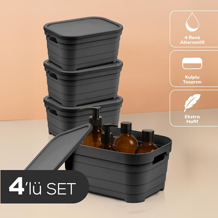 Vienev 4'lü Kapaklı 3,8 Litre Saklama Kutusu Antrasit