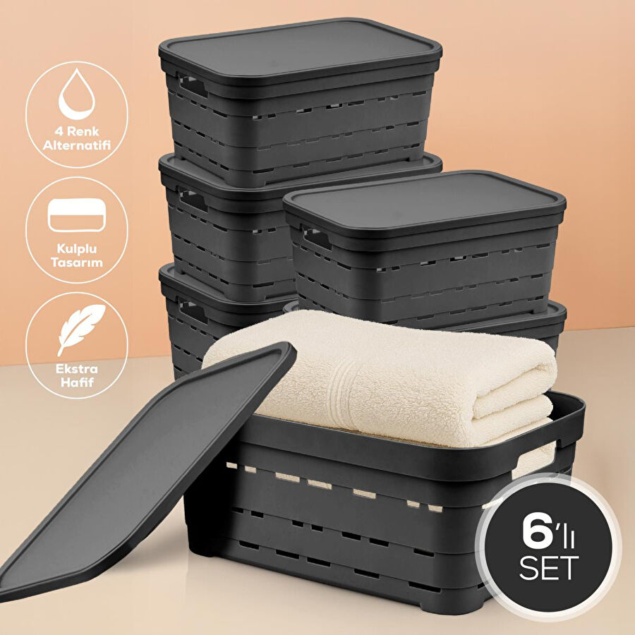 Vienev 6'lı Kapaklı 10,8 Litre Delikli Saklama Kutusu Antrasit