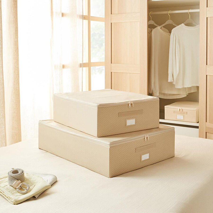 Ocean Home Textile 2'li Bej Balıksırtı Destekli Hurç Set 45 X 55 X 18 + 55 X 70 X 18 Cm