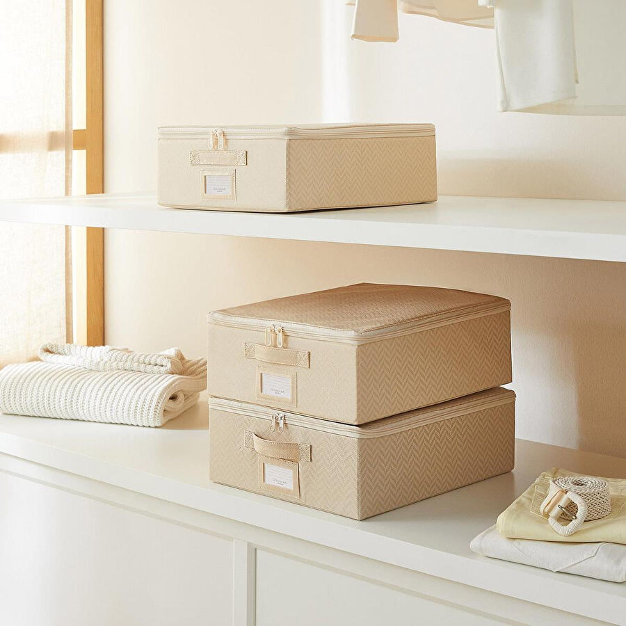 Ocean Home Textile 3'lü Küçük Boy Bej Balıksırtı Destekli Hurç Set 31 X 38 X 12 Cm