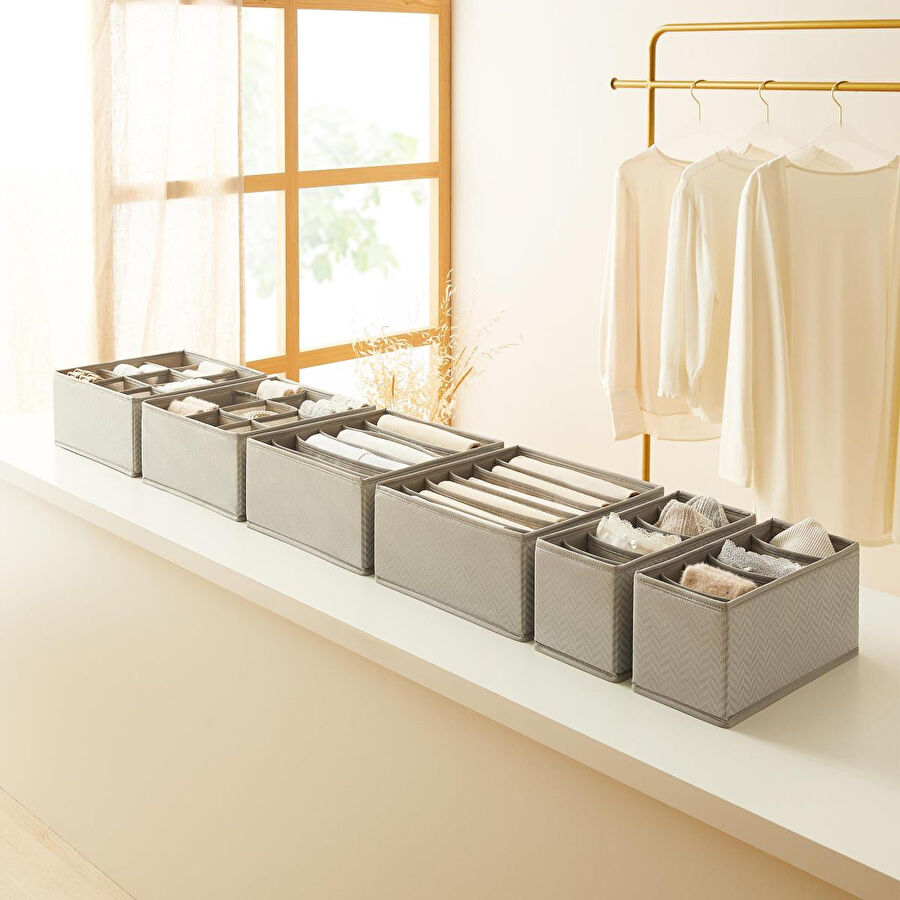 Ocean Home Textile 6'lı Bölmeli Gri Balıksırtı Çekmece İçi Düzenleyici Kutu Set