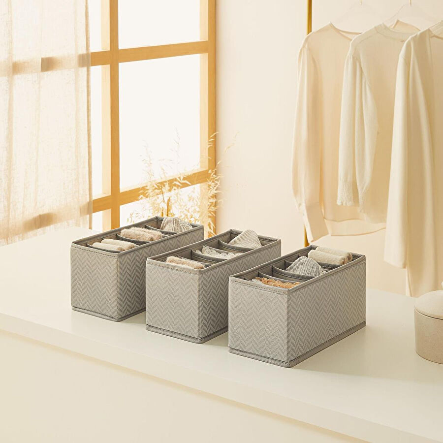Ocean Home Textile 3'lü Bölmeli Gri Balıksırtı Çekmece İçi Düzenleyici Kutu Set 13 X 28 X 13 Cm