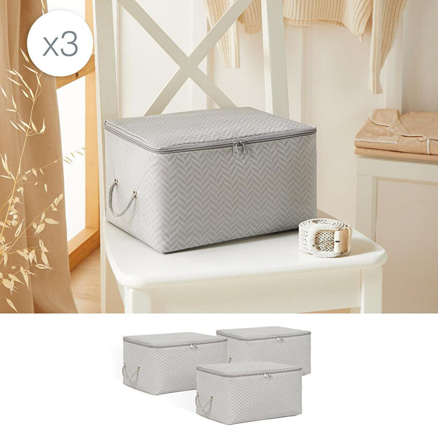 Ocean Home Textile 3'lü Küçük Boy Gri Balıksırtı Hurç Set 30 X 22 X 18 Cm