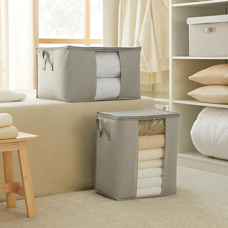 Ocean Home Textile 2'li Pvc Pencereli Gri Balıksırtı Hurç Set 1 Adet 45 X 30 X 50 / 1 Adet 60 X 43 X 35 Cm