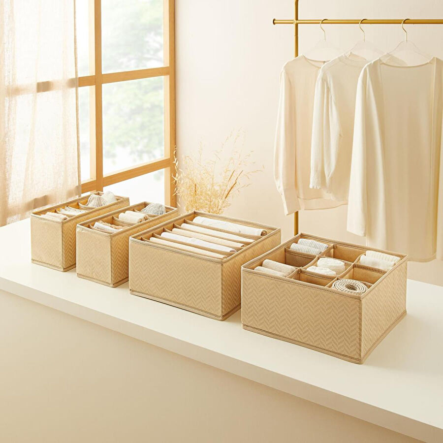 Ocean Home Textile 4'lü Bölmeli Bej Balıksırtı Çekmece İçi Düzenleyici Kutu Set