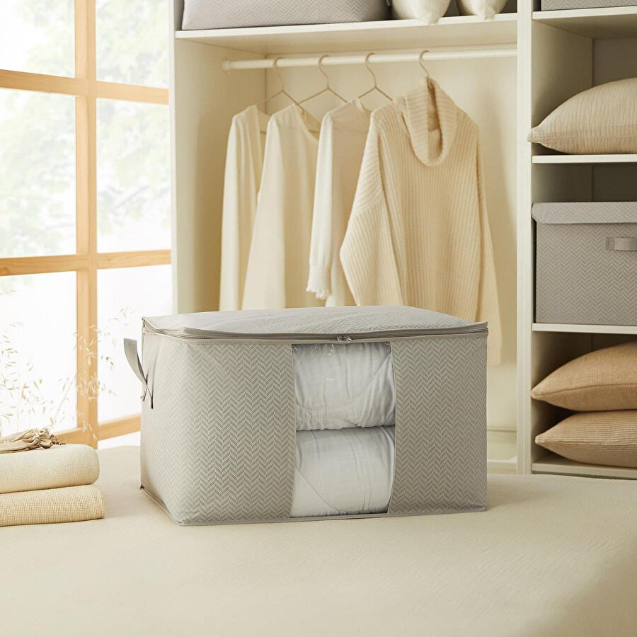 Ocean Home Textile Büyük Boy Pvc Pencereli Gri Balıksırtı Hurç 60 X 43 X 35 Cm