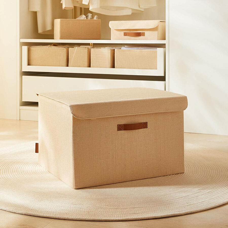 Ocean Home Textile Jüt Keten Kumaş Kapaklı Kutu 48 X 40 X 30 Cm