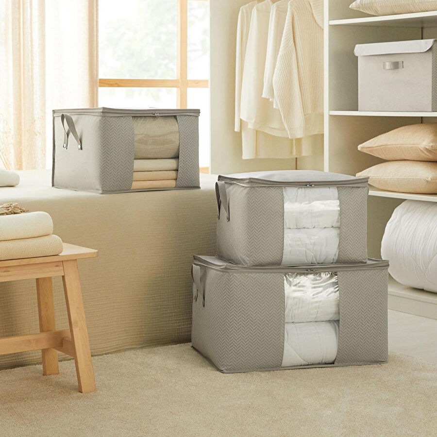 Ocean Home Textile 3'lü Pvc Pencereli Gri Balıksırtı Hurç Set 1 Adet 60 X 43 X 35 / 2 Adet 45 X 40 X 30 Cm