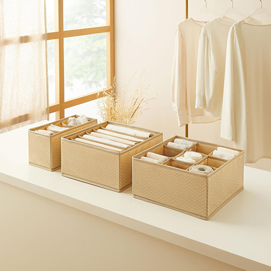 Ocean Home Textile 3'lü Bölmeli Bej Balıksırtı Çekmece İçi Düzenleyici Kutu Set