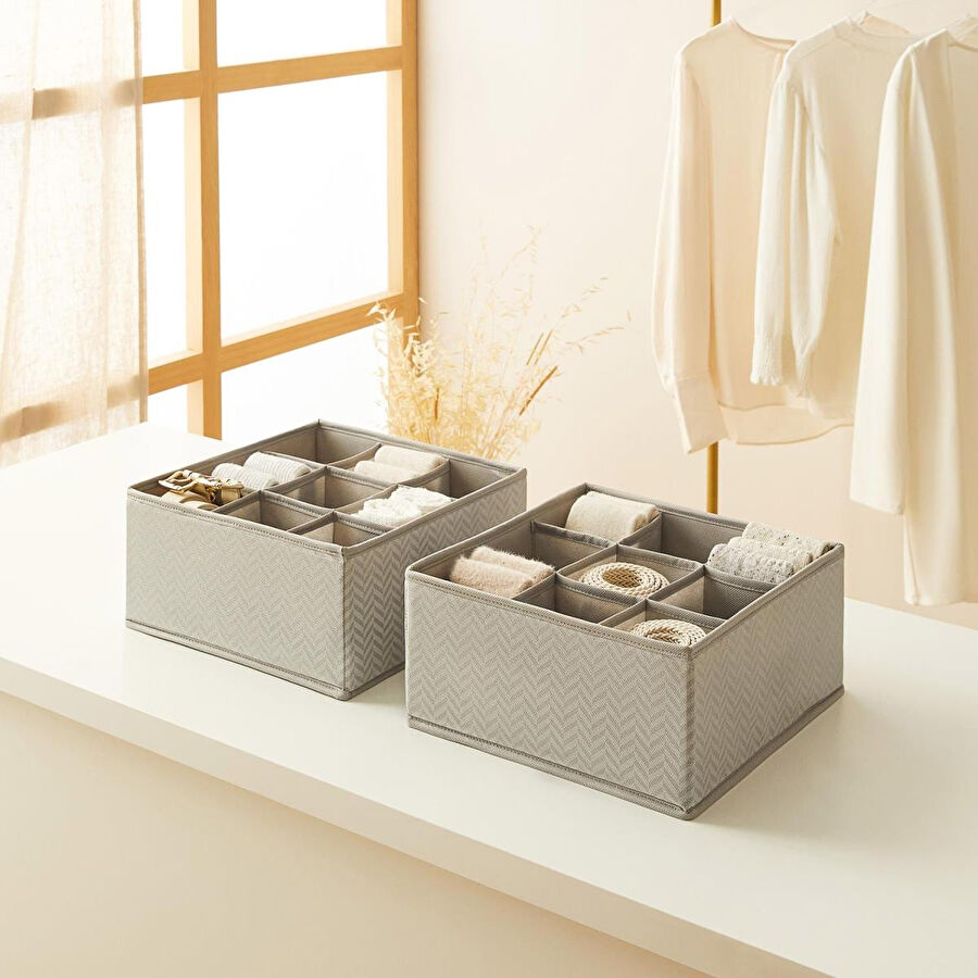 Ocean Home Textile 2'li 9 Bölmeli Petek Gri Balıksırtı Çekmece İçi Düzenleyici Kutu Set 28 X 28 X 13 Cm