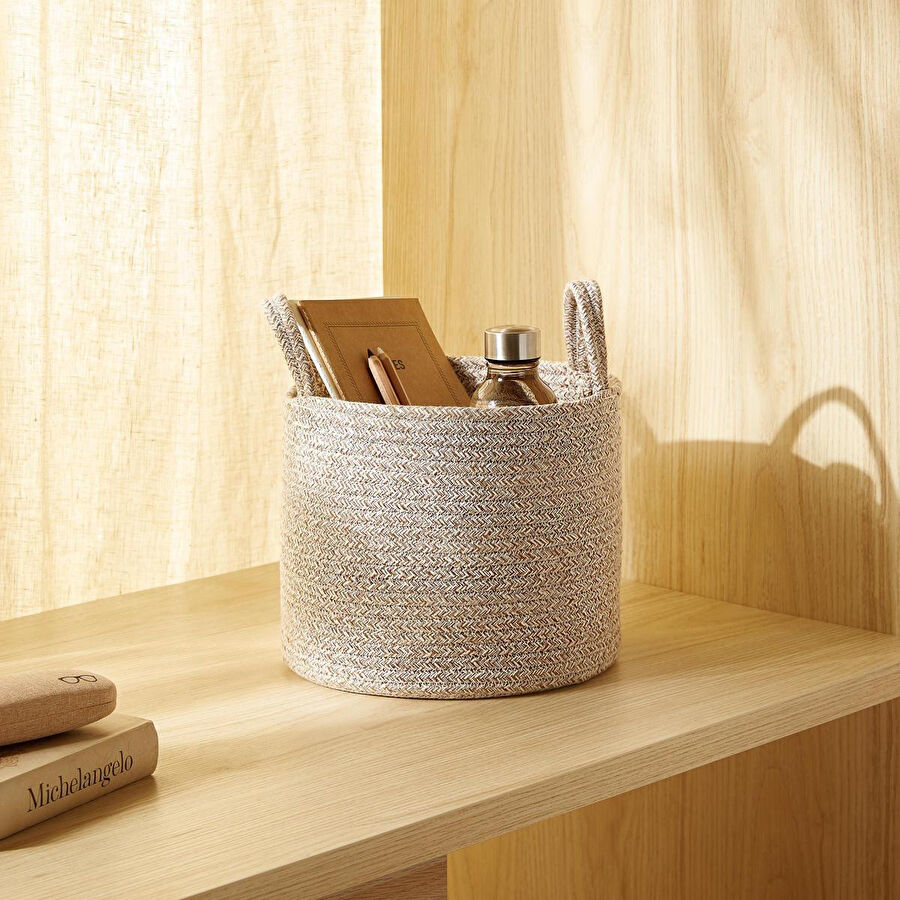 Ocean Home Textile Bej Kırçıllı Pamuklu Halat Sepet 26 X 22 Cm