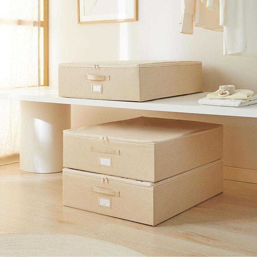 Ocean Home Textile 3'lü Büyük Boy Bej Balıksırtı Destekli Hurç Set 55 X 70 X 18 Cm