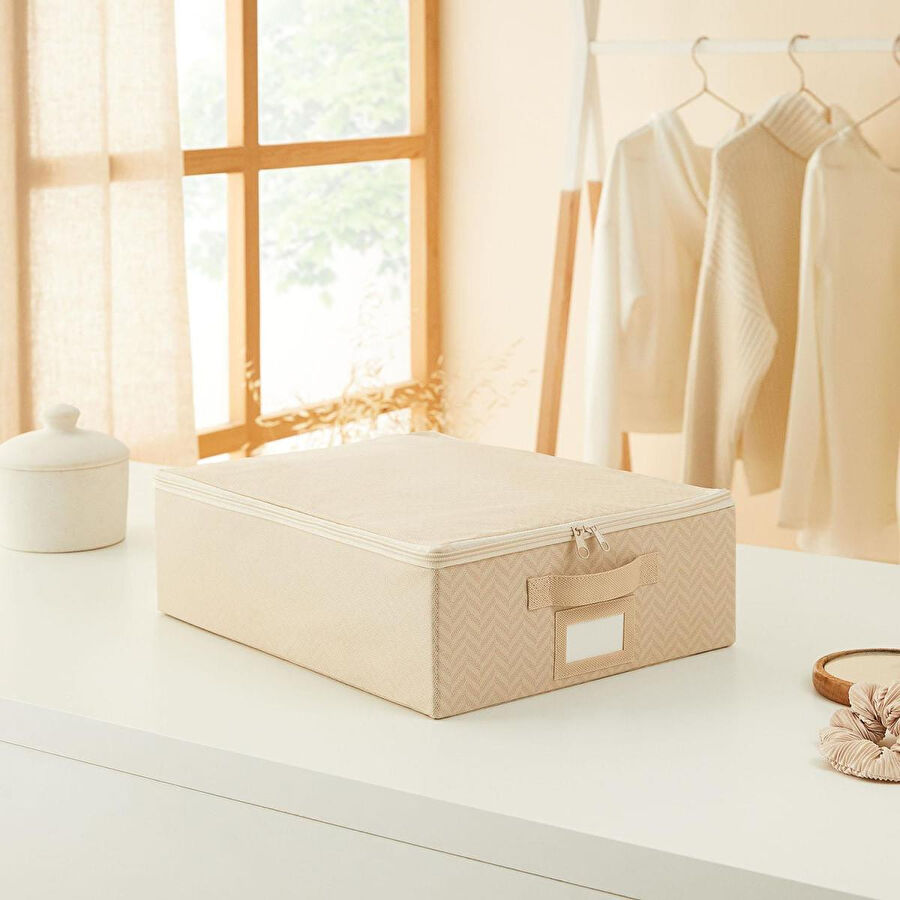 Ocean Home Textile Küçük Boy Bej Balıksırtı Destekli Kutu Hurç 31 X 38 X 12 Cm