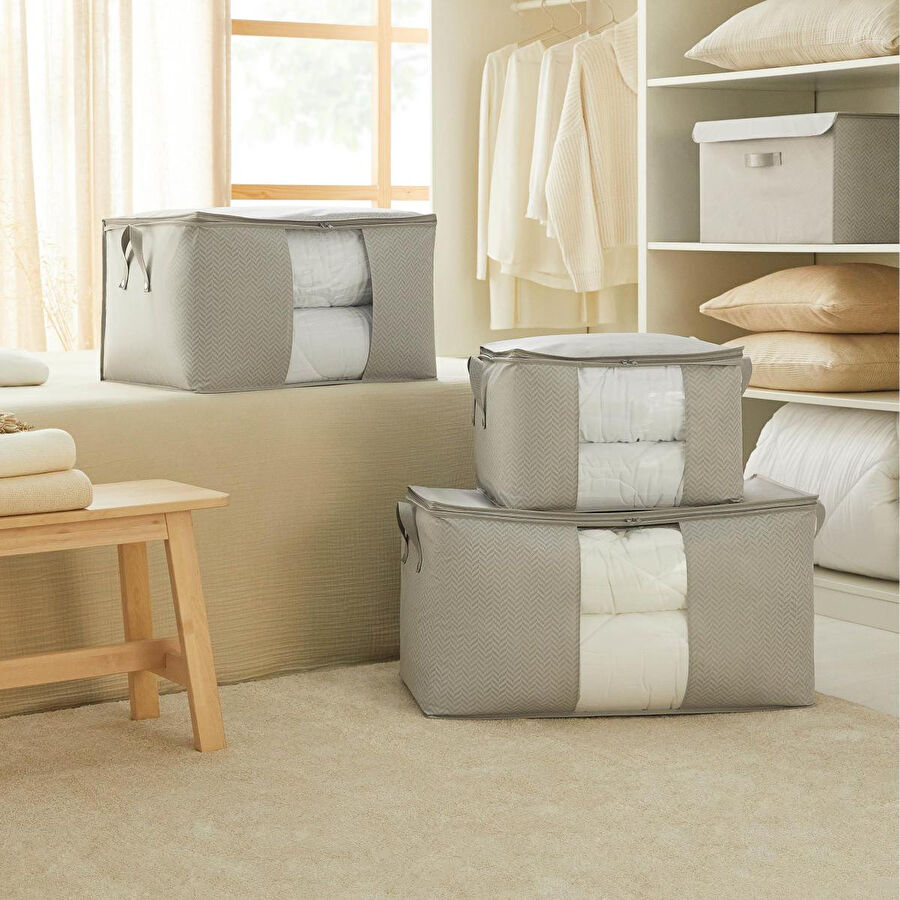 Ocean Home Textile 3'lü Pvc Pencereli Gri Balıksırtı Hurç Set