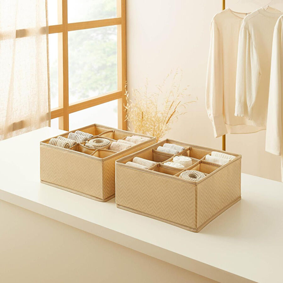 Ocean Home Textile 2'li 9 Bölmeli Petek Bej Balıksırtı Çekmece İçi Düzenleyici Kutu Set 28 X 28 X 13 Cm